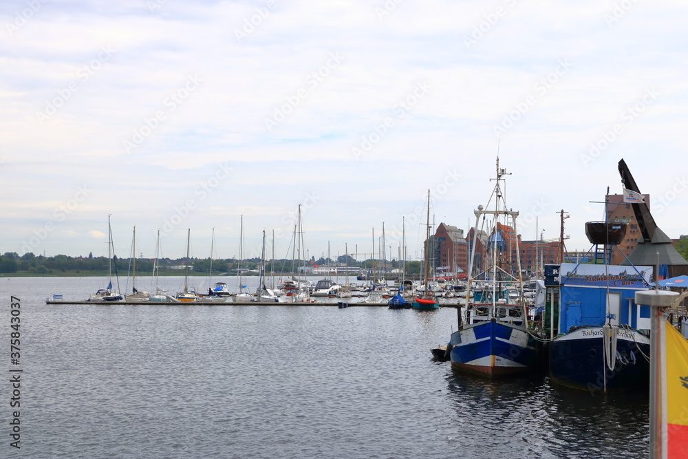 August 21 2020 - Rostock-Warnemünde, Mecklenburg-Vorpommern/Germany: view of the area of the city harbor of Rostock, germany