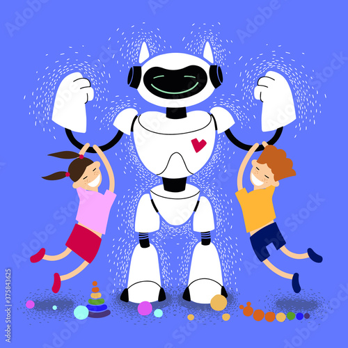 Babysitter robot with children vector illustration. Robot Nanny with Kids. Robotic friend. Kind robot home futuristic assistant plays with children.