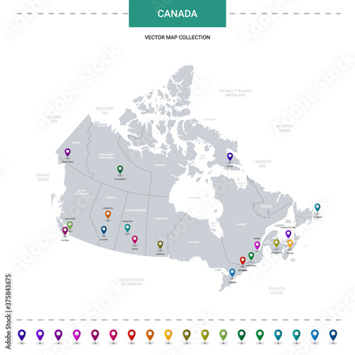 Canada map with location pointer marks. Infographic vector template, isolated on white background.