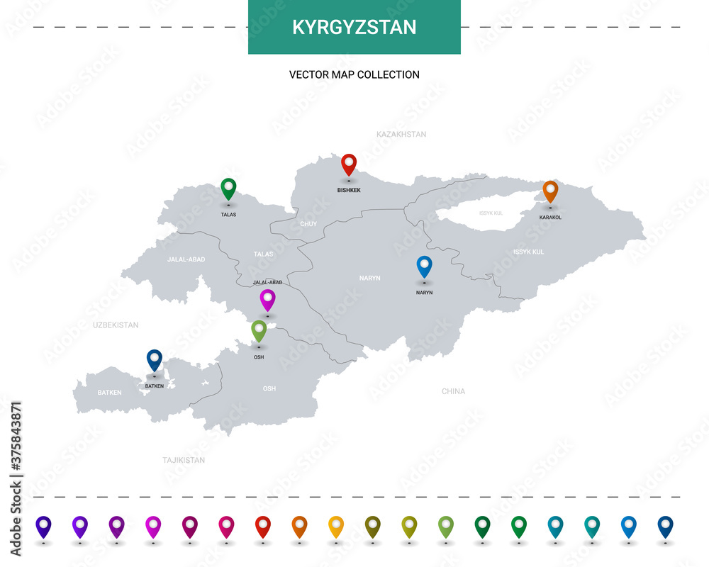 Obraz premium Kyrgyzstan map with location pointer marks. Infographic vector template, isolated on white background.