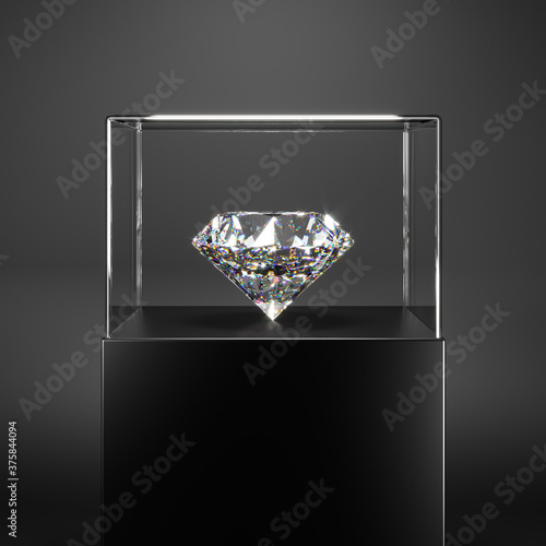 An expensive diamond on a stand under a glass dome. Shows perfect cut and light refraction. 3d rendering.