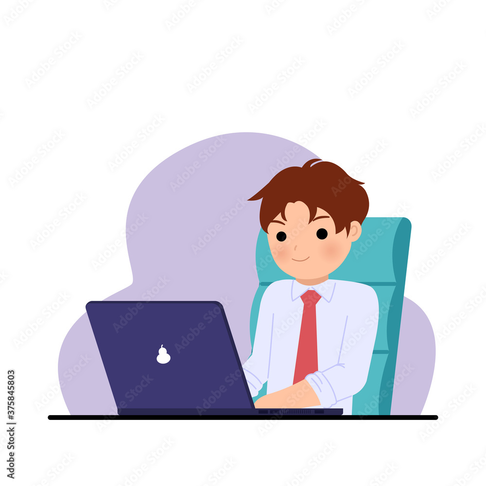 Office man working with confident smile. Male using laptop for working. Corporate clip art. Flat vector illustration isolated on white. Office man working with confident smile. Male using laptop for working. Corporate clip art. Flat vector illustration isolated on white.