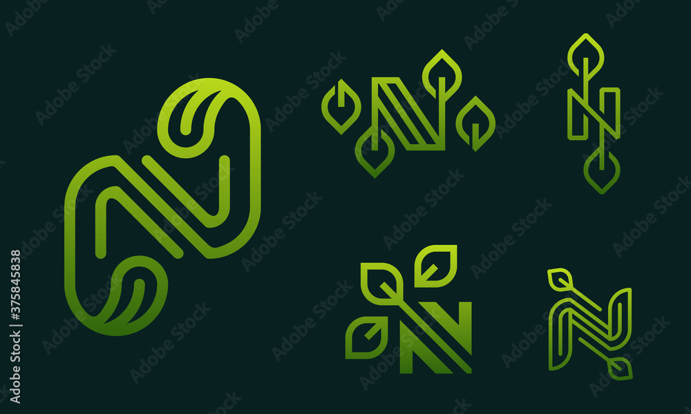letter N with leaf concepts N logo template letter N icon nature logo template, Letter N initial with green leaf logo vector design template Set Collection