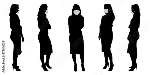 Vector concept conceptual  silhouette women taking while social distancing as means of prevention and protection against coronavirus contamination. A metaphor for the new normal.