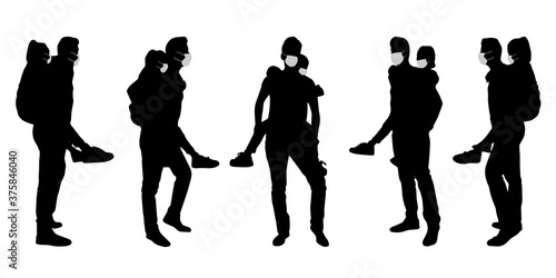 Vector concept conceptual silhouette men spending time with children while social distancing as means of prevention and protection against coronavirus contamination. A metaphor for the new normal.
