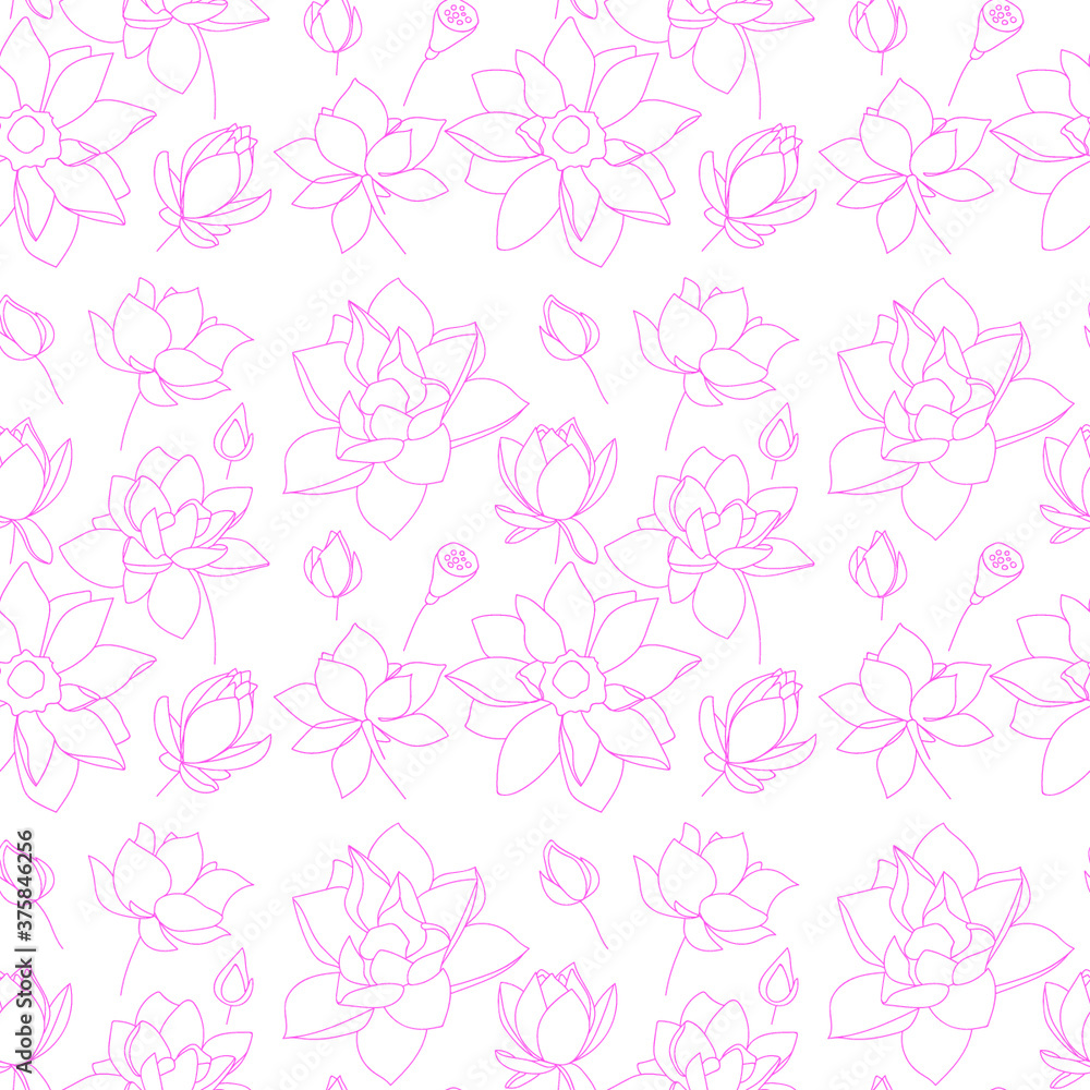 Seamless pattern of lotus flowers. Sketch floral botany collection in outline black and white style. - Vector illustration