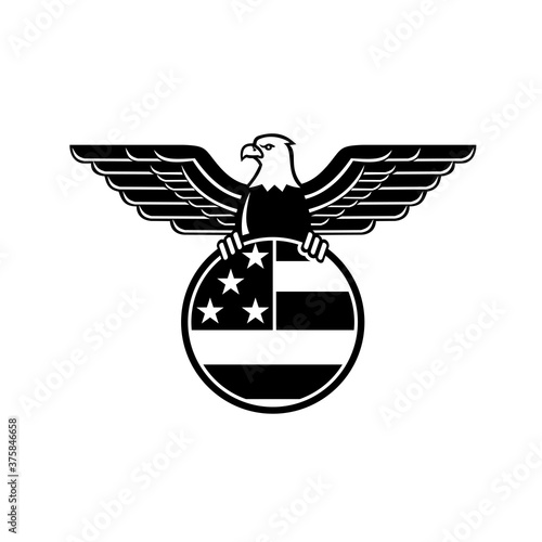 American Bald Eagle with Wings Spread Clutching United States Star and Stripes Flag in Circle Mascot Black and White