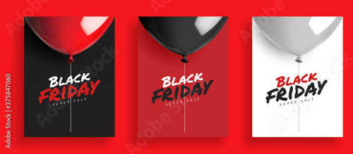 Black friday balloons with rope. 3d realistic vector illustration