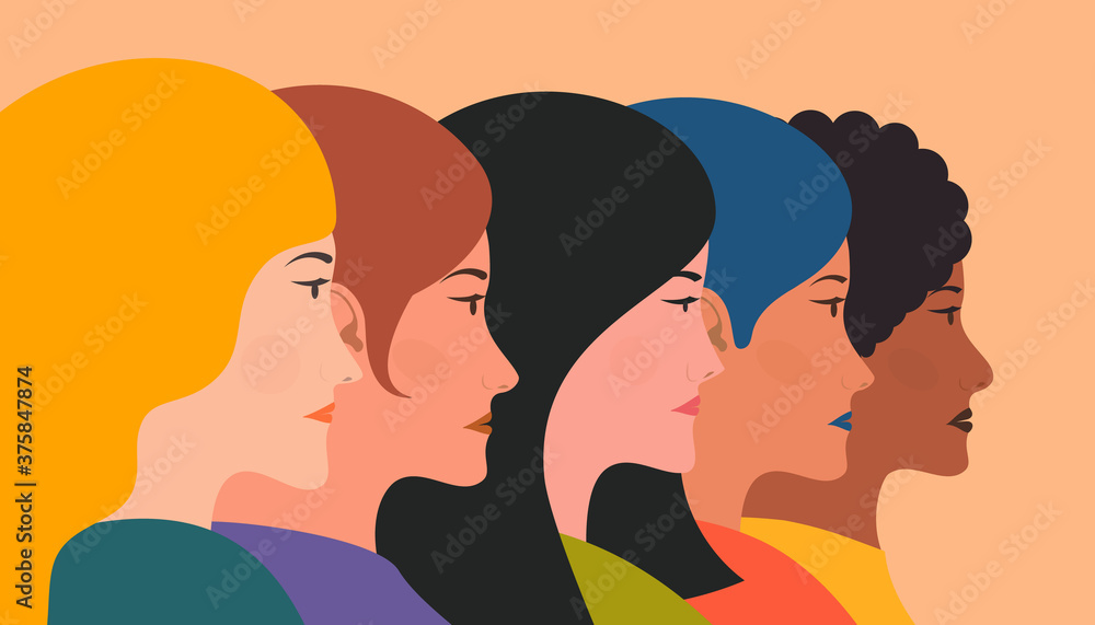 Group of beautiful women with different hair and skin color. Feminism concept. Vector illustration Group of beautiful women with different hair and skin color. Feminism concept. Vector illustration