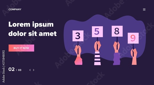 Jury showing cards with amount of scores. Collection of scorecards in human hands, competition judges giving evaluation. Vector illustration for contest, feedback, game, vote concept