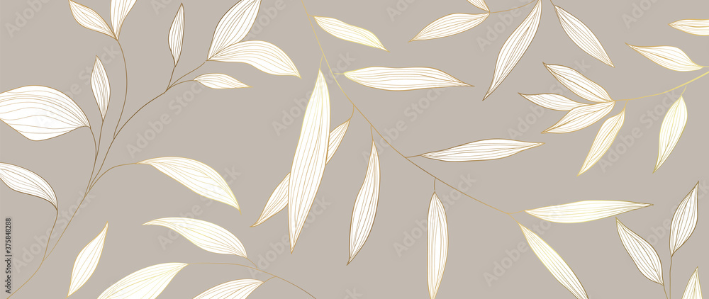 Luxury Golden leaf art deco wallpaper. Nature background vector. Floral pattern with tropical plant line art on trendy color background. Vector illustration.