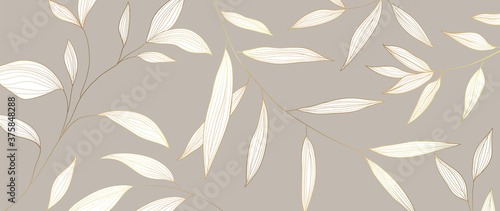 Luxury Golden leaf art deco wallpaper. Nature background vector. Floral pattern with tropical plant line art on trendy color background. Vector illustration.