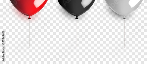Set of balloons with ropeon on transparent background. Realistic 3D reflective vector illustration