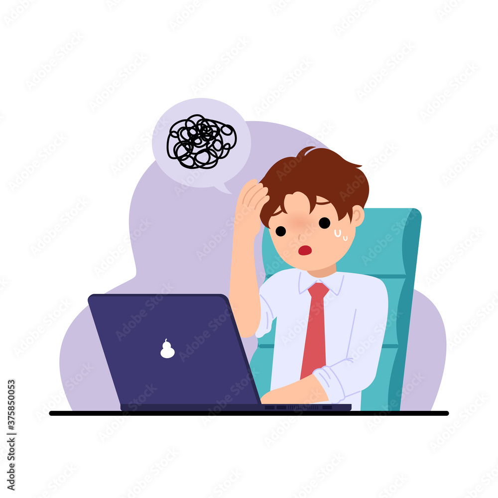 Office man feel stressed and troubled. Problem solving. Challenge at work. Office clip art. Flat vector illustration isolated on white. Office man feel stressed and troubled. Problem solving. Challenge at work. Office clip art. Flat vector illustration isolated on white.