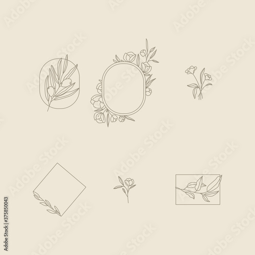 A set of aesthetic ready-made logos in a minimalistic style with floral elements, leaves and flowers, suitable for logos of a photographer, shop, beauty salon, wedding salon