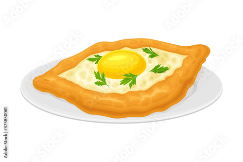 Baked Bread with Cheese and Egg Stuffing Garnished with Parsley as Georgia Country Food Vector Illustration
