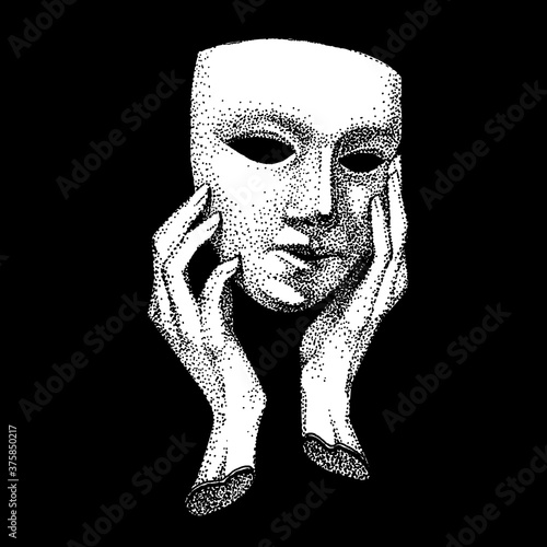 hands hold a theater mask. dot technique of drawing. Hypocrite, pretender, trickster, many faces. Vintage black and white template. drama portrait.