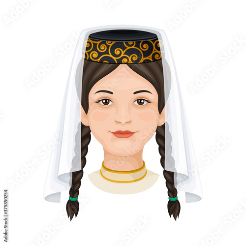 Woman Head Dressed in Traditional Georgian Knitted Hat with Indigenous Embroidery Vector Illustration