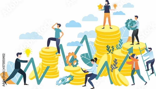 Bitmap illustration in a flat style. Teamwork. Conquering the peaks. Financial pyramid. Rivalry. Mountains of coins.