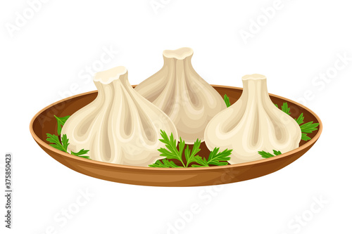 Khinkali Served on Plate as Traditional Dish of Georgia Country Vector Illustration