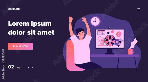 Happy young man celebrating jackpot. Online casino winner, roulette, poker flat vector illustration. Gambling gain, winning money, prize concept for banner, website design or landing web page