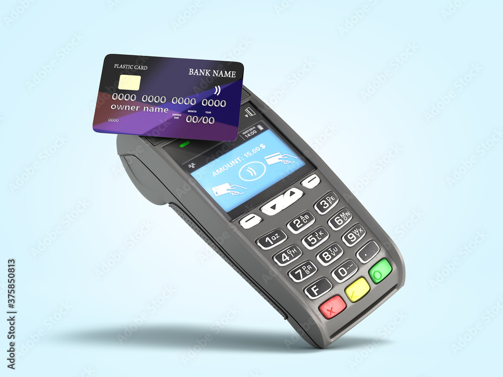 contactless payment by credit card through the terminal 3d render on blue gradient - obrazy, fototapety, plakaty 