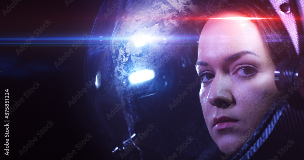 Young Brave Beautiful Female Astronaut In Space Helmet Looking At Camera. She Is Exploring Outer Space In A Space Suit. Science And Technology Related 3D Illustration Render