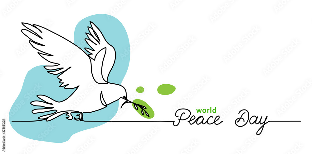 World Peace Day minimal background, web banner with white dove, pigeon and olive branch. One continuous line drawing background with lettering Peace Day. World Peace Day minimal background, web banner with white dove, pigeon and olive branch. One continuous line drawing background with lettering Peace Day.