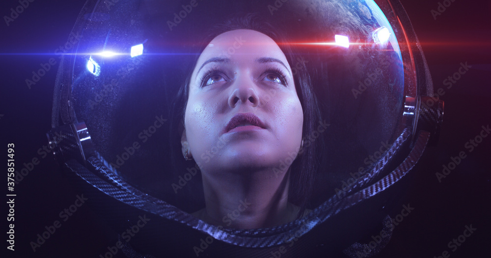 Young Fearless Beautiful Female Astronaut Exploring The Infinite Space. She Is Exploring Outer Space In A Space Suit. Science And Technology Related 3D Illustration Render