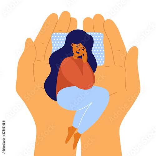 Human hands holding cute sleeping girl. Self or care body care, healthy sleep, love yourself, healthcare concept. Young woman lying on palms. Good night and sweet dreaming. Relax vector illustration