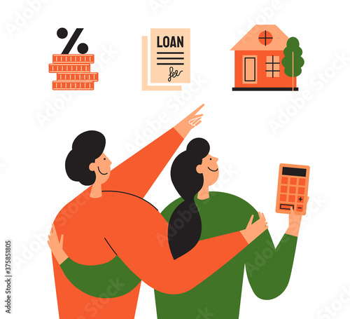 Stages of mortgage and calculating rate concept. Family couple planning buy new house and choose way loan. Process of home mortgage. Happy people looking for real estate. Property vector illustration