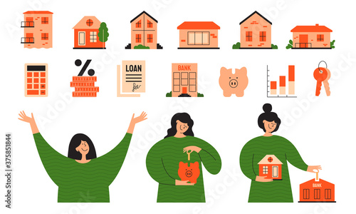 Vector set real estate icons. Stages of mortgage, calculating rate, home loan concept. Happy woman investing money, planning buy house. Cute girl putting coin into piggy bank. Illustrations collection