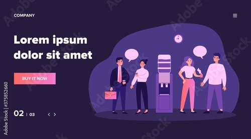 Office colleagues meeting at water dispenser, drinking coffee, discussing gossips . Flat vector illustration for work break, corporate talks and chatting, communication concept
