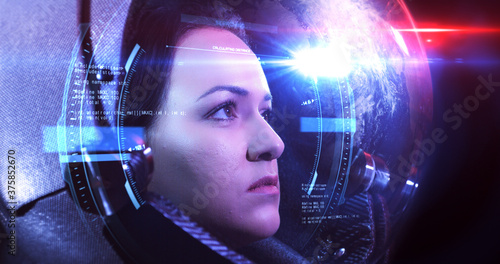 Close Up VFX Shot Of The Young Beautiful Female Astronaut In Space Helmet. She Is Exploring Outer Space In A Space Suit. Science And Technology Related VFX Concept 3D Illustration Render