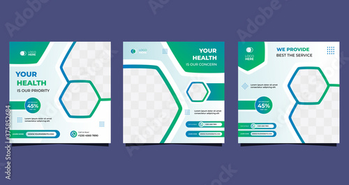 Collection of Medical social media post template for hospital and clinic. with green and white background