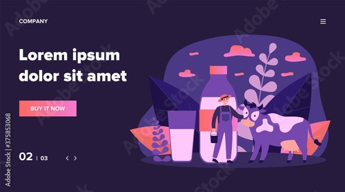 Happy young farmer standing near cow flat vector illustration. Man holding bucket with milk. Fresh milk with calcium and casein. Huge bottle and glass. Lactose diet and health concept.