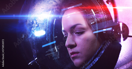 Young Brave Beautiful Female Astronaut In Space Helmet Looking At Camera. She Is Exploring Outer Space In A Space Suit. Science And Technology Related VFX Concept 3D Illustration Render