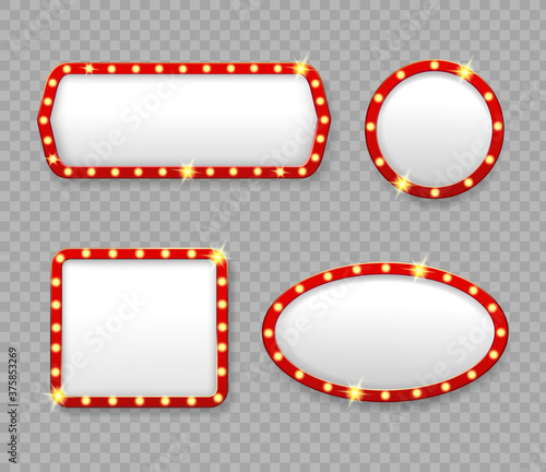 Retro marquee frames with light bulbs. Vinema and casino empty casino cinema banners with lights. Round and rectangular vintage billboard icons set