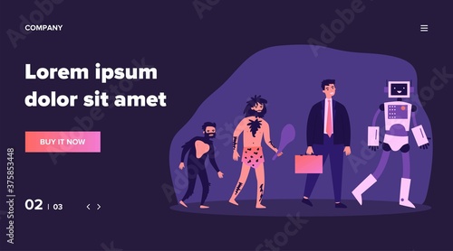 Human evolution theory flat vector illustration. Way from monkey to cyborg or robot. Cavemen as ancestors. Anthropology, reality and history concept.
