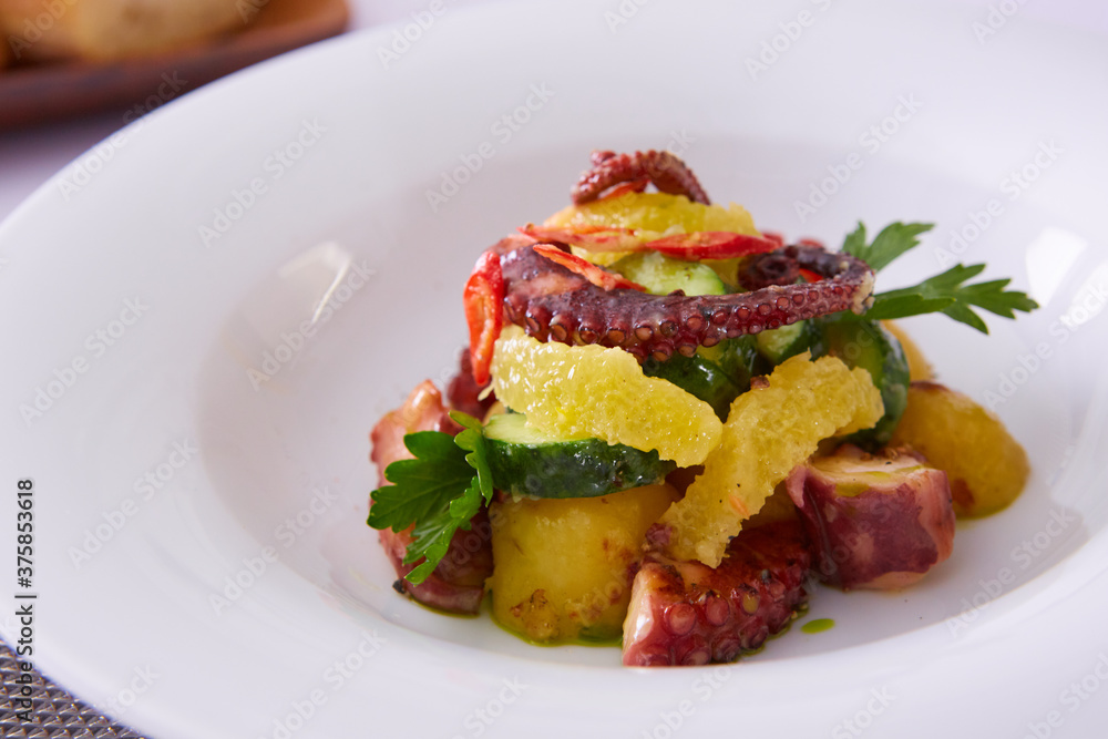 Whole octopus salad with orange and cress salad on white plate. Shallow dof
