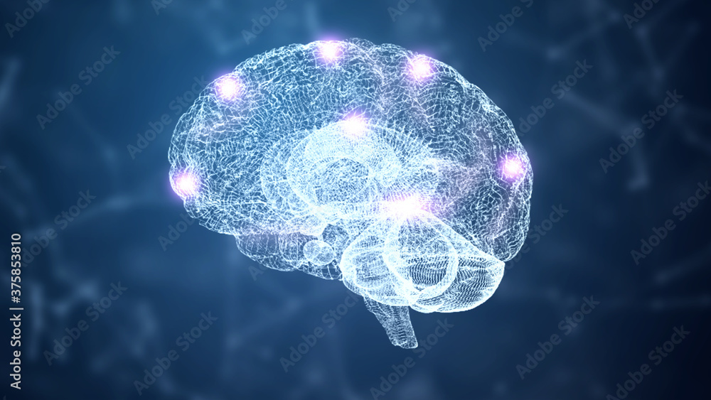 Abstract medical blue glow brain wireframe network and connecting dot in space background. Futuristics science and medical technology concept. Abstract human body part system concept. 3D illustration Abstract medical blue glow brain wireframe network and connecting dot in space background. Futuristics science and medical technology concept. Abstract human body part system concept. 3D illustration