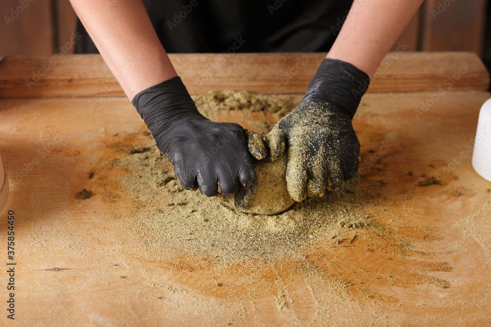 Cooking dough. Cooking process. Mustard flour