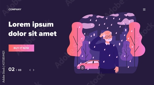 Lonely senior man walking in rain. Sad grey haired character outside, city, autumn flat vector illustration. Loneliness, retirement, old age concept for banner, website design or landing web page