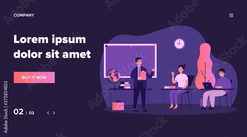 Happy school students sitting at desk in classroom. Girls and guys listening to lecture at college class. Vector illustration for audience, lesson, education, teacher job concept