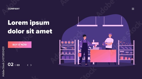 Male customer buying construction tools in store. Man standing at cash register counter and paying cash. Vector illustration for hardware construction shop, building worker, home repair concept