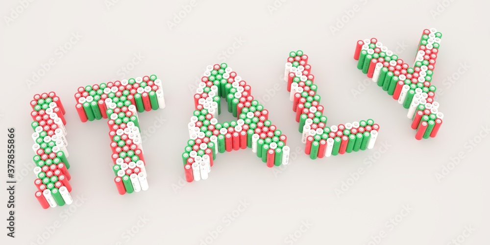 ITALY text made with many batteries. Electrical technologies related 3d rendering ITALY text made with many batteries. Electrical technologies related 3d rendering