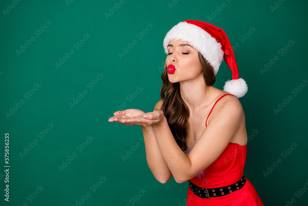 Photo of cute attractive model lady send air kiss open arms eyes closed romantic mood date tender feelings emotions wear x-mas snow girl costume dress santa cap isolated green color background Photo of cute attractive model lady send air kiss open arms eyes closed romantic mood date tender feelings emotions wear x-mas snow girl costume dress santa cap isolated green color background