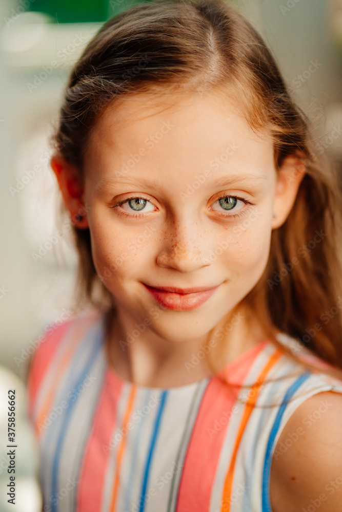 Fototapeta premium close up girl with freckles clean and healthy skin