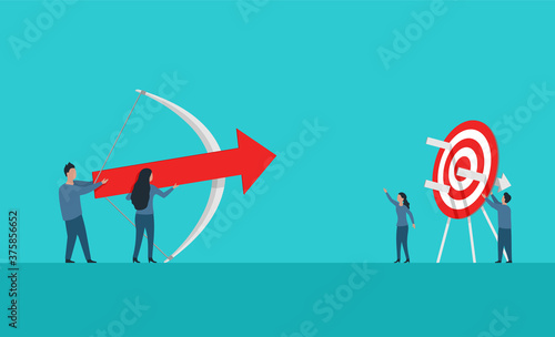 Hit the bull's eye in business - conceptual illustration with people group (working team) aim with arrow from big bow and the target (business solution) away - business strategy marketing picture