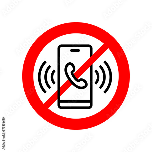 No phone talking forbidden sign - crossed modern smartphone with incoming call and sound signal waves - information element